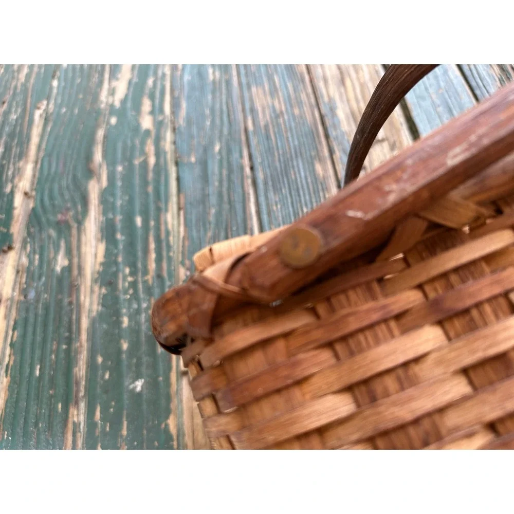 Hand Woven Splint Wood Basket Rectangular Picnic Garden Dual Swing Handle Vtg
